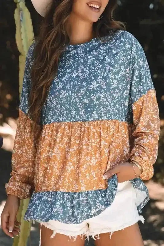 Floral Blouses Floral Mosaic Ruffle Hem Blouse