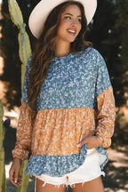 Floral Blouses Floral Mosaic Ruffle Hem Blouse