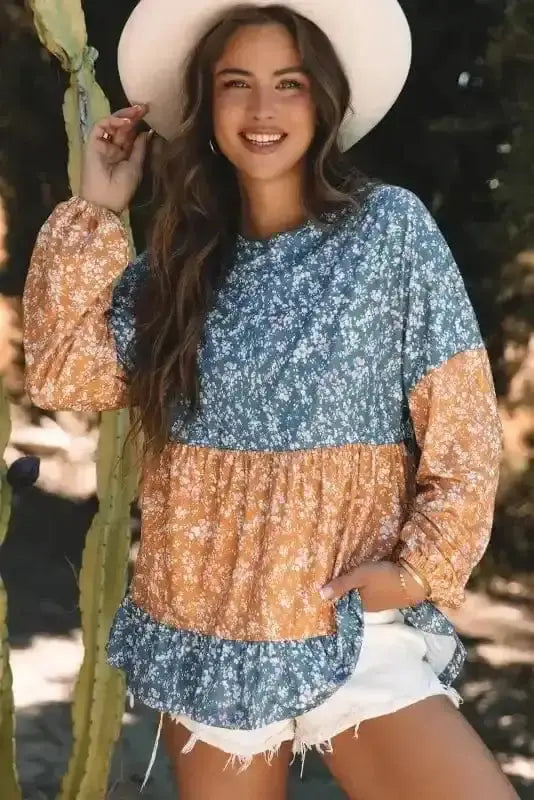 Floral Blouses Floral Mosaic Ruffle Hem Blouse