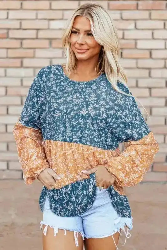 Floral Blouses Floral Mosaic Ruffle Hem Blouse
