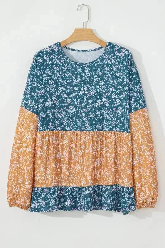 Floral Blouses Floral Mosaic Ruffle Hem Blouse
