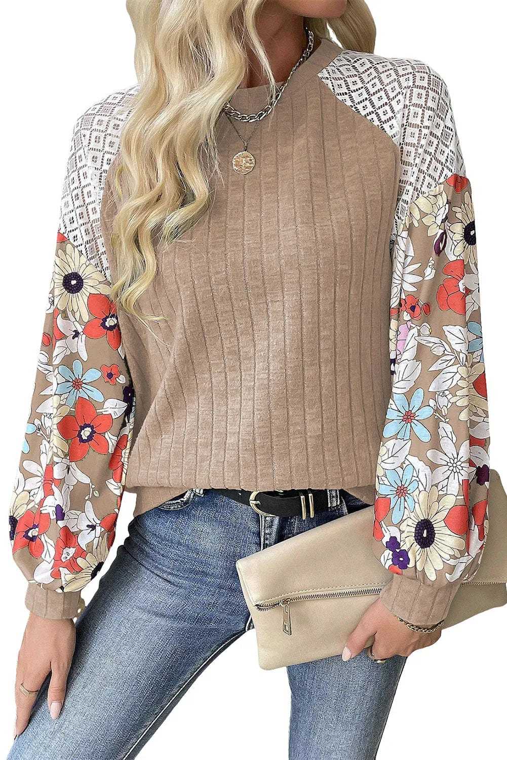 Floral Blouses Floral Sleeve Ribbed Blouse