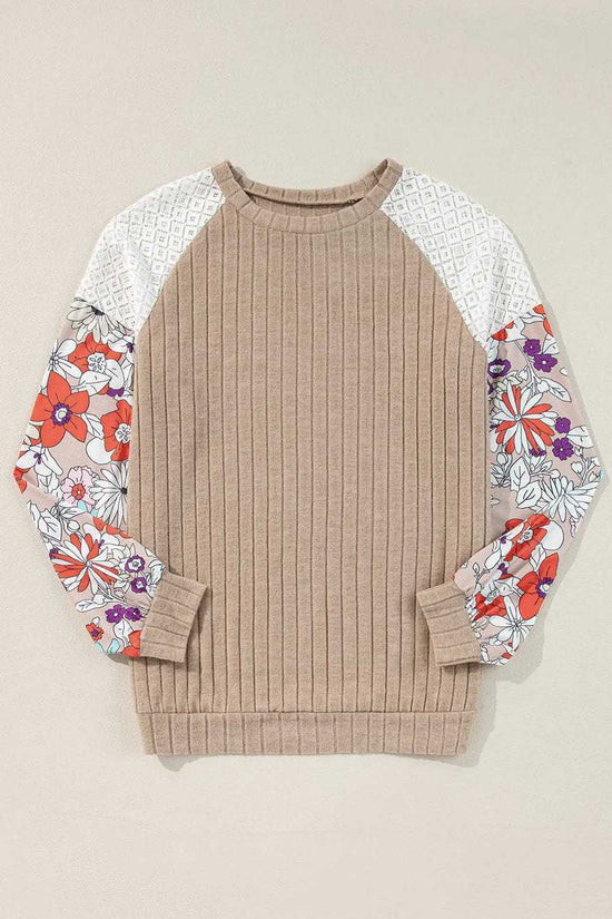 Floral Blouses Floral Sleeve Ribbed Blouse