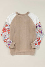 Floral Blouses Floral Sleeve Ribbed Blouse