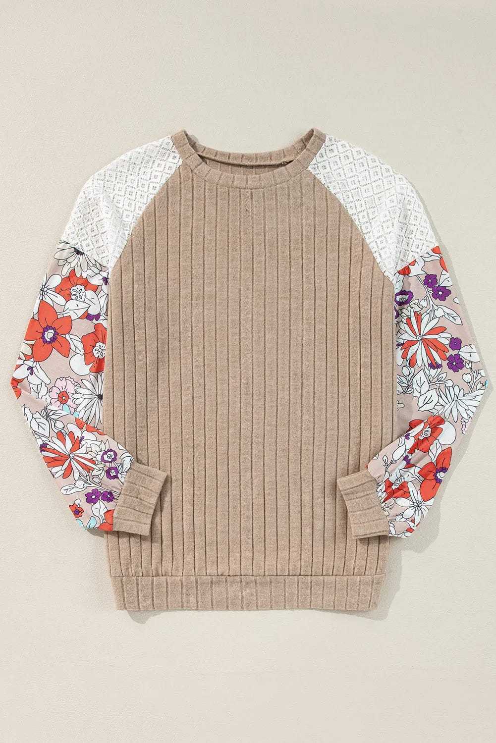 Floral Blouses Floral Sleeve Ribbed Blouse