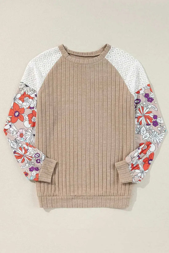 Floral Blouses Floral Sleeve Ribbed Blouse