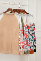 Floral Blouses Floral Sleeve Ribbed Blouse