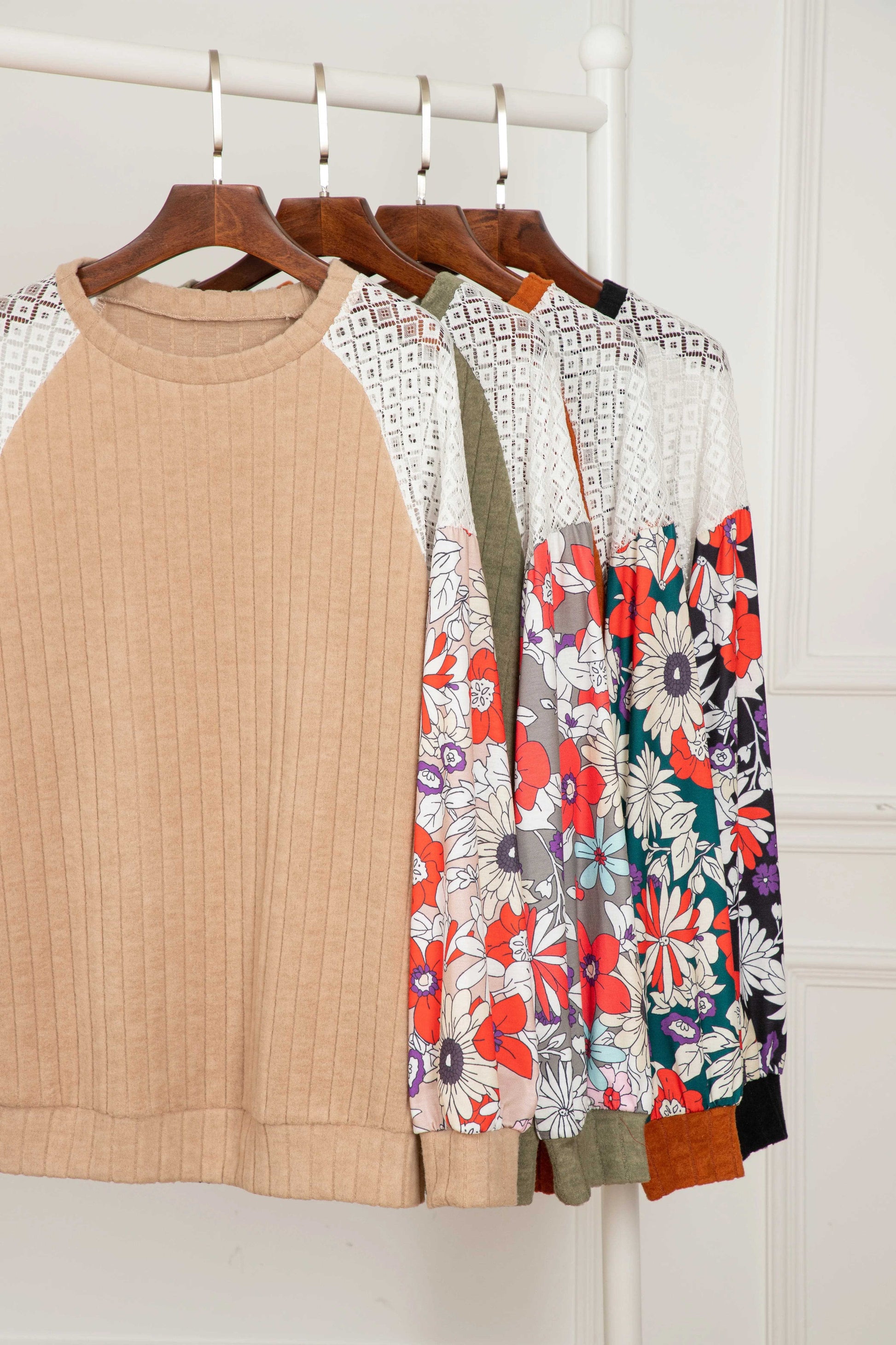 Floral Blouses Floral Sleeve Ribbed Blouse