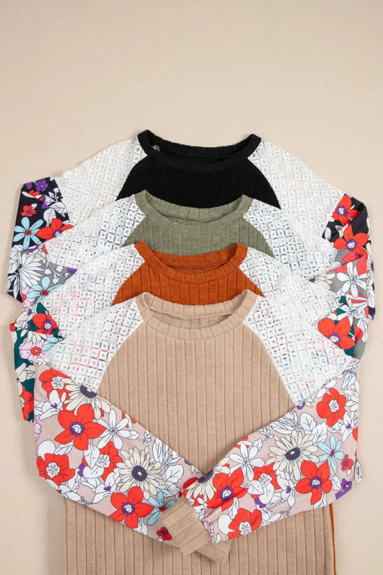 Floral Blouses Floral Sleeve Ribbed Blouse