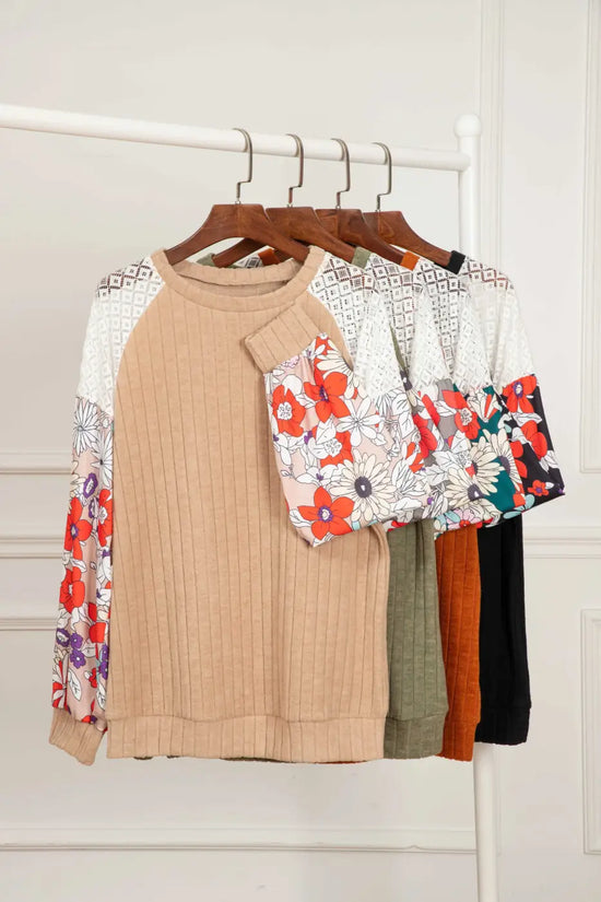 Floral Blouses Floral Sleeve Ribbed Blouse