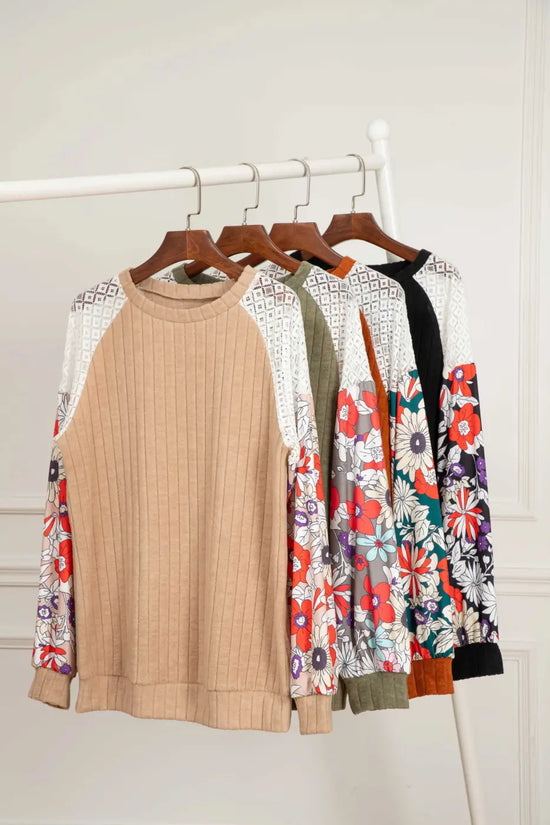 Floral Blouses Floral Sleeve Ribbed Blouse