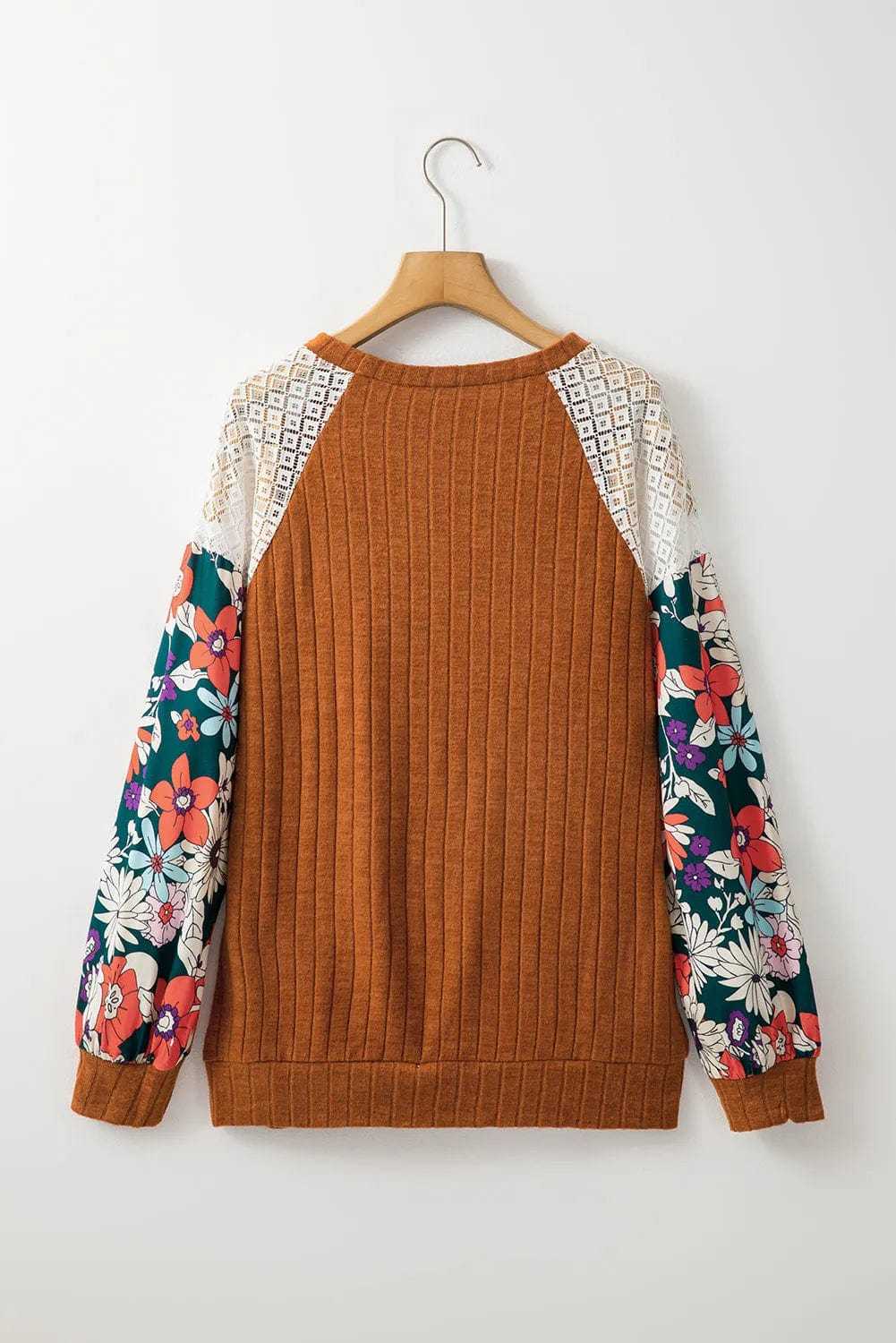 Floral Blouses Floral Sleeve Ribbed Blouse