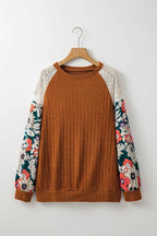 Floral Blouses Floral Sleeve Ribbed Blouse