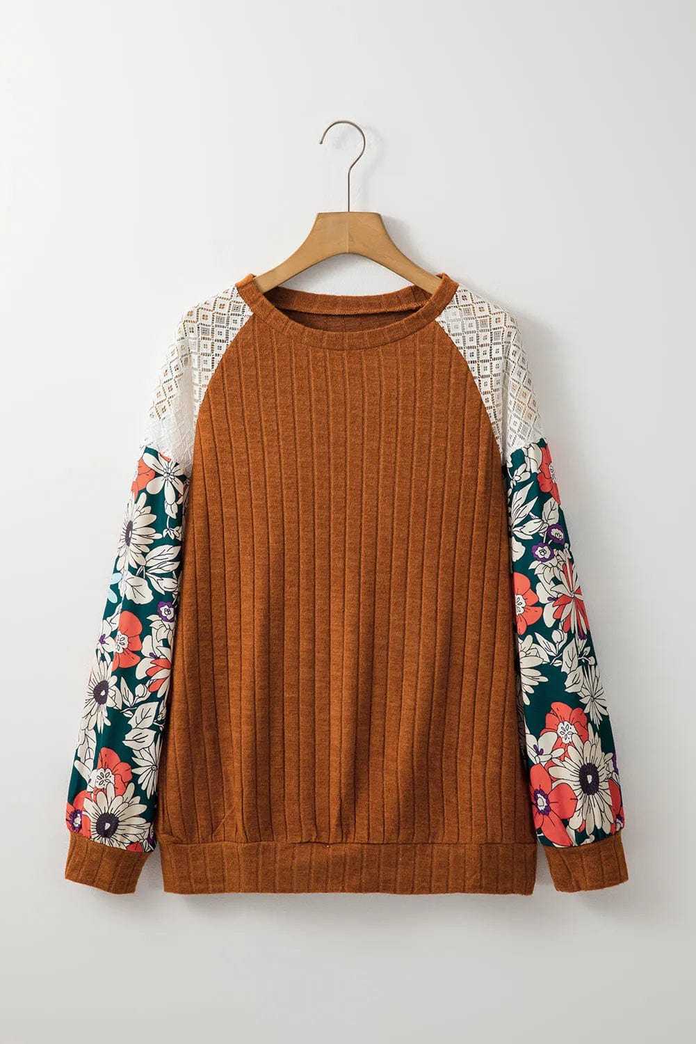 Floral Blouses Floral Sleeve Ribbed Blouse