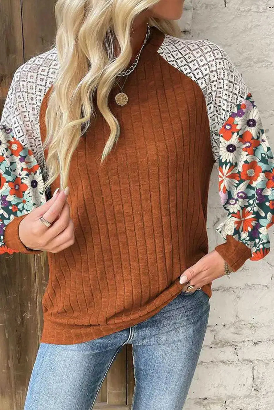 Floral Blouses Floral Sleeve Ribbed Blouse