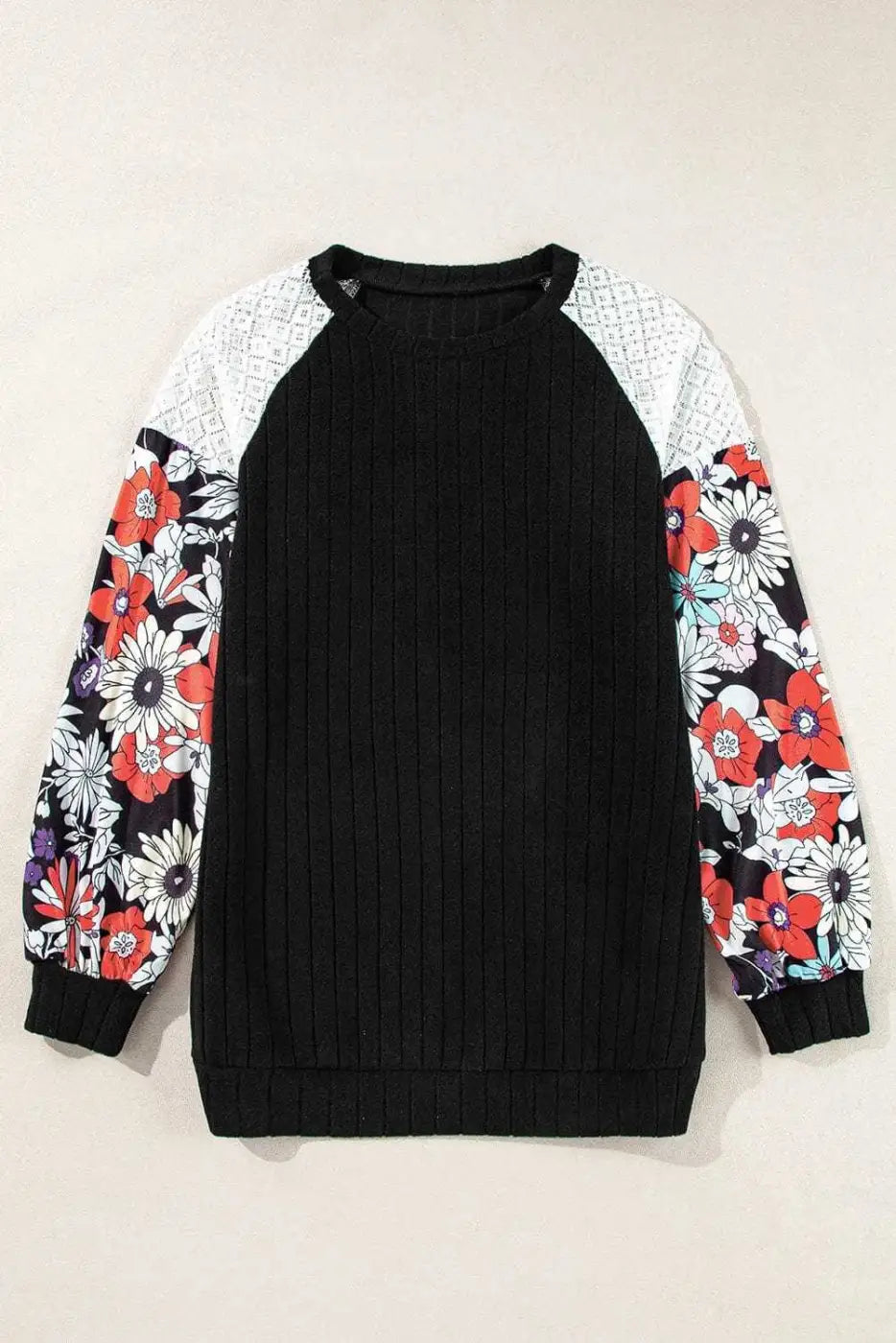 Floral Blouses Floral Sleeve Ribbed Blouse