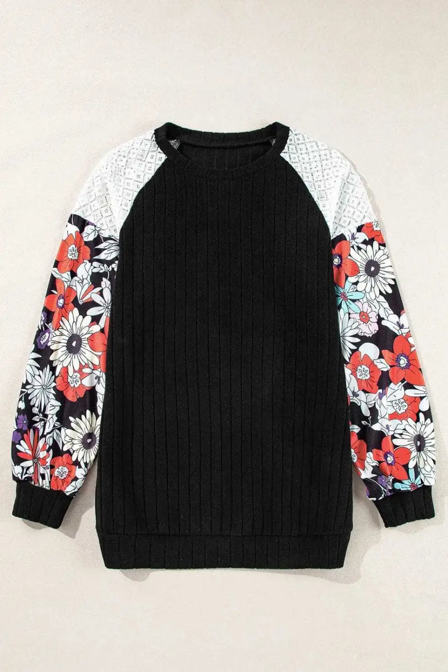 Side view of Floral Sleeve Ribbed Patchwork Blouse showing contrast between solid ribbed body and floral sleeve — Fashionfitz