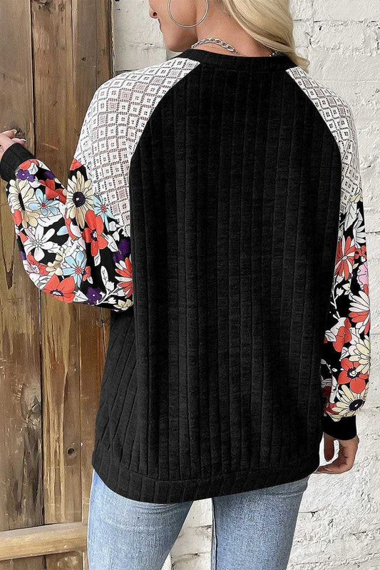 Floral Blouses Floral Sleeve Ribbed Blouse
