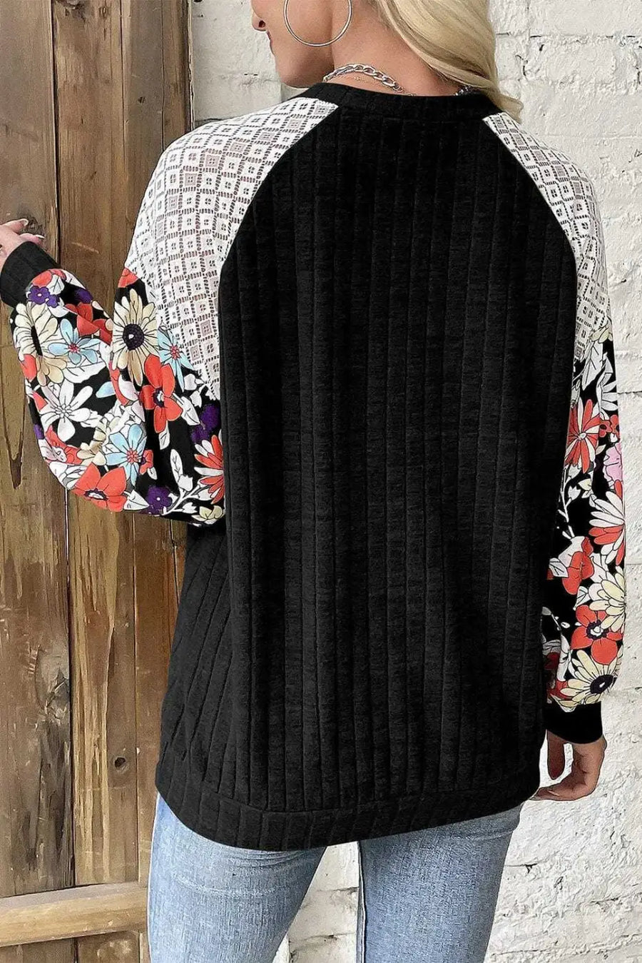 Back view of Floral Sleeve Ribbed Patchwork Blouse showing boat neckline and long sleeve floral patchwork silhouette — Fashionfitz