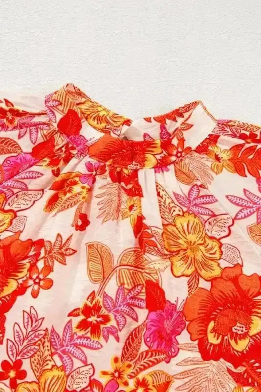Orange Floral Pearl Button Mock Neck Blouse Women UK styled as a vibrant artisan spring occasion outfit — Fashionfitz