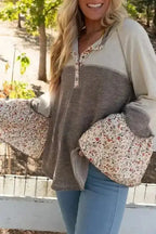 Floral Blouses Light French Beige / S / 50%Polyester+50%Viscose Blossom Henley Top with Flared Sleeves