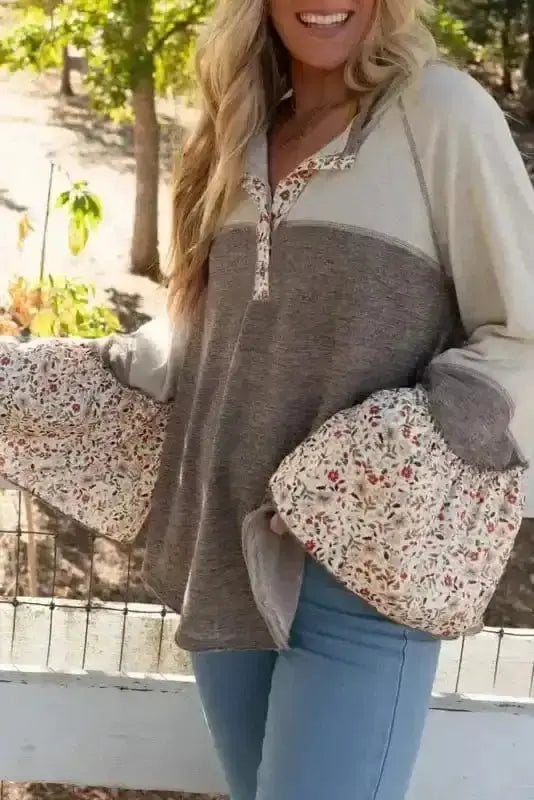 Floral Patchwork Henley Flared Sleeve Top Women UK in light French beige — front view showing floral patchwork and flared sleeves — Fashionfitz