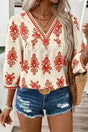 Orange Geometric Paisley V-Neck Boho Blouse Women UK — front view showing vibrant geometric paisley print and V-neckline — Fashionfitz