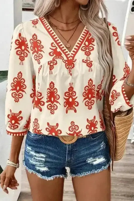 Orange Geometric Paisley V-Neck Boho Blouse Women UK — front view showing vibrant geometric paisley print and V-neckline — Fashionfitz