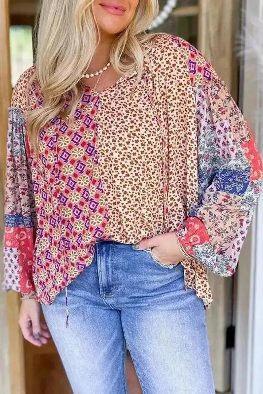 Floral Blouses Orange / S / 100%Polyester Floral Fusion Tied V-Neck Blouse