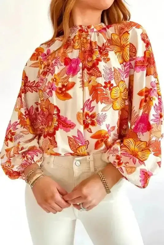Orange floral golden bloom pearl button mock neck blouse front view — Fashionfitz UK