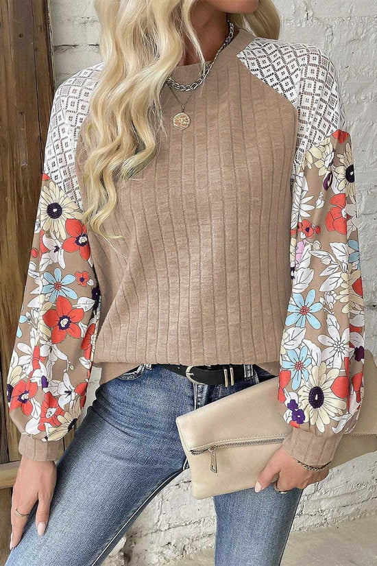 Floral Blouses Parchment / S / 97%Polyester+3%Elastane Floral Sleeve Ribbed Blouse