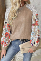Floral Blouses Parchment / S / 97%Polyester+3%Elastane Floral Sleeve Ribbed Blouse