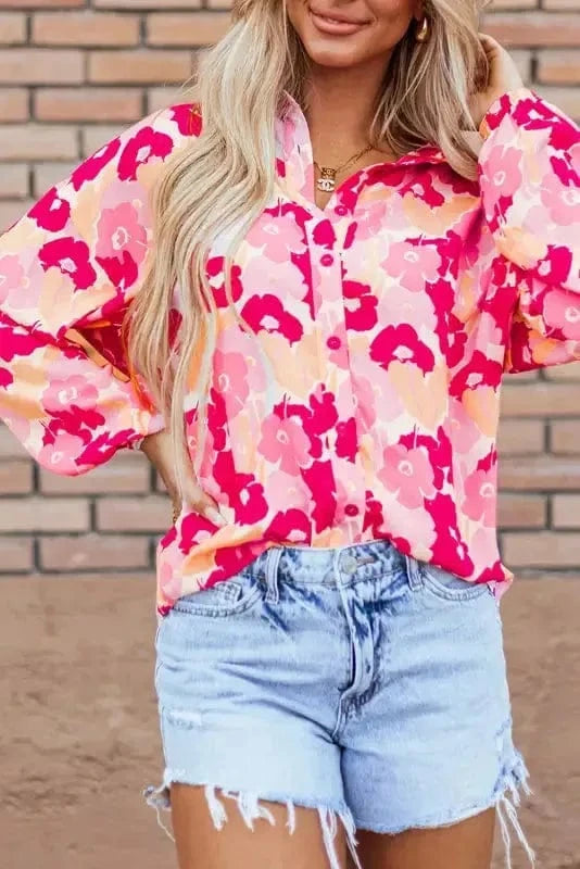 Floral Blouses Pink Blooming Floral Shirt