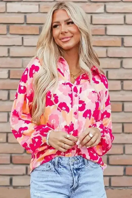 Close-up of Pink Floral Casual Shirt Blouse showing vibrant floral print and classic shirt collar detail — Fashionfitz