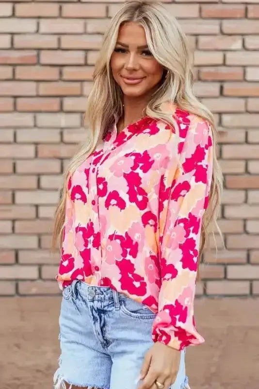 Side view of Pink Floral Shirt Blouse showing ruffled detail and lightweight fabric drape — Fashionfitz