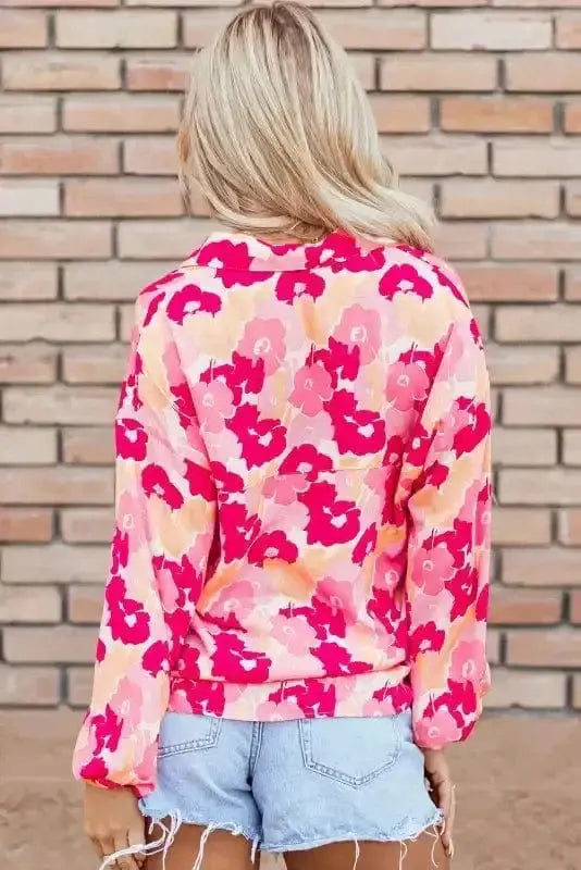 Back view of Pink Floral Casual Shirt Blouse showing long sleeves and relaxed silhouette — Fashionfitz