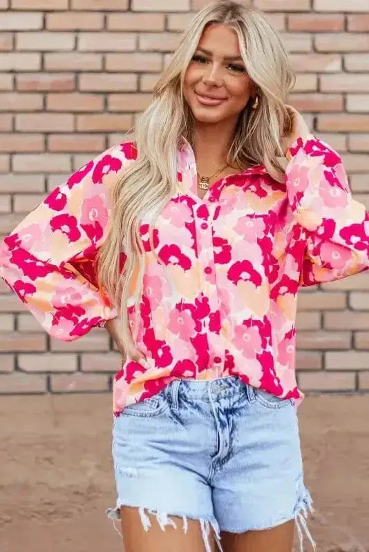 Pink Floral Casual Shirt Blouse Women UK — front view showing vibrant pink floral print and shirt collar — Fashionfitz