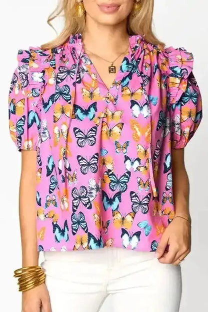 Floral Blouses Purple / S / 100%Polyester Ruffled Sleeve Butterfly Blouse