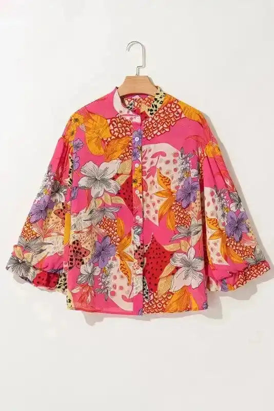 Floral Blouses Red / S / 100%Polyester Blooming Silhouette Bubble Blouse
