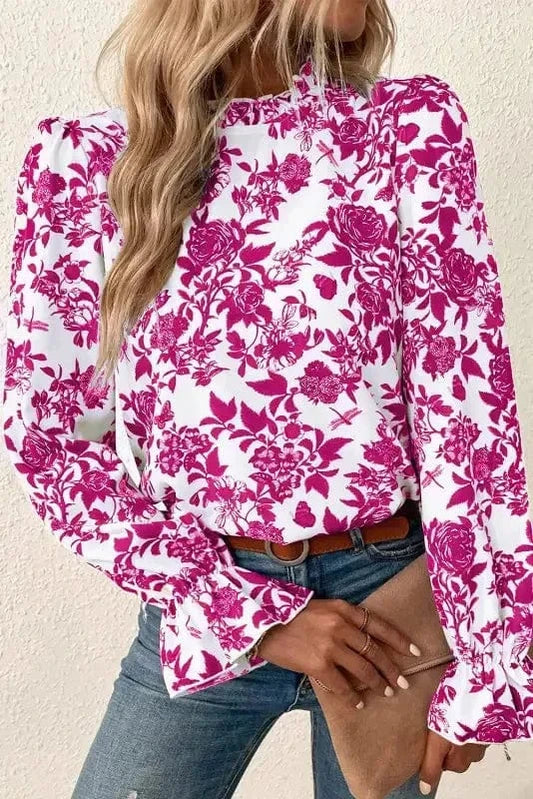 Floral Blouses Rose / S / 100%Polyester Floral Finesse Keyhole-Back Blouse