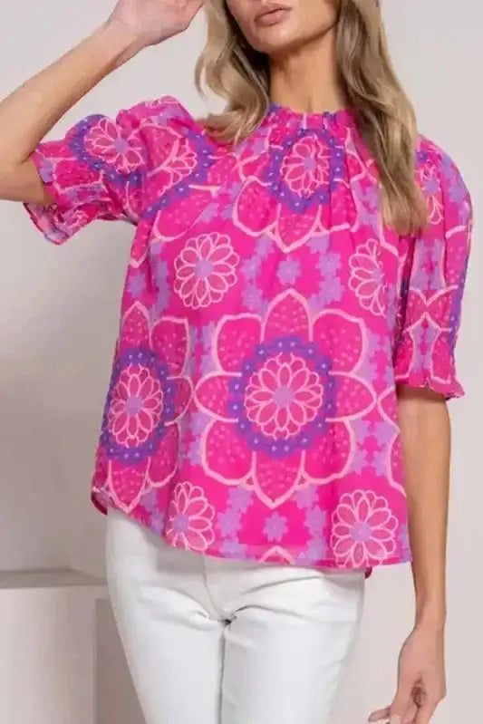 Floral Blouses Rose / S / 100%Polyester Rose Floral Smocked Blouse