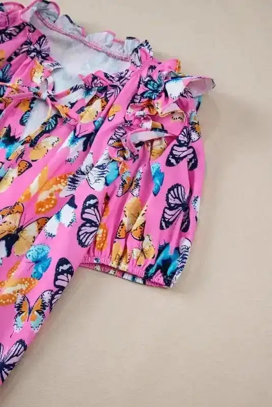 Floral Blouses Ruffled Sleeve Butterfly Blouse