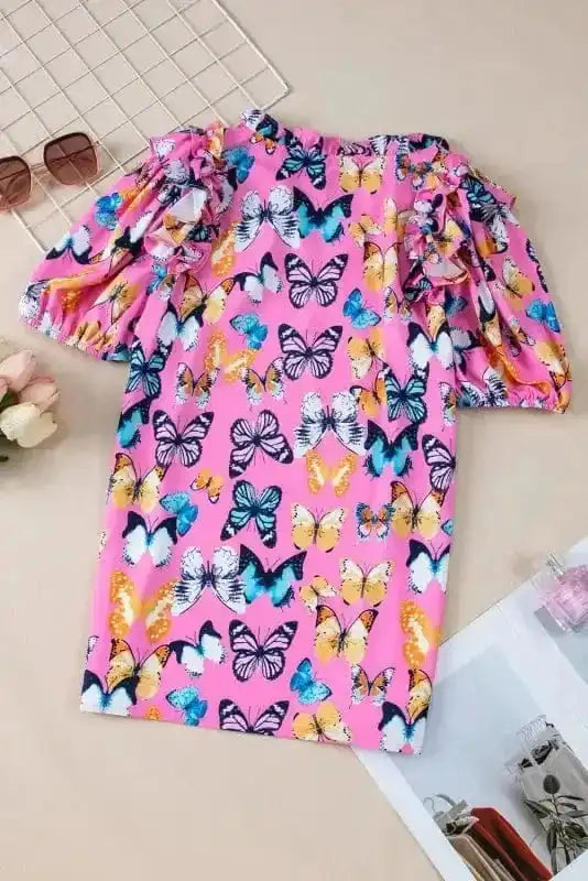 Floral Blouses Ruffled Sleeve Butterfly Blouse