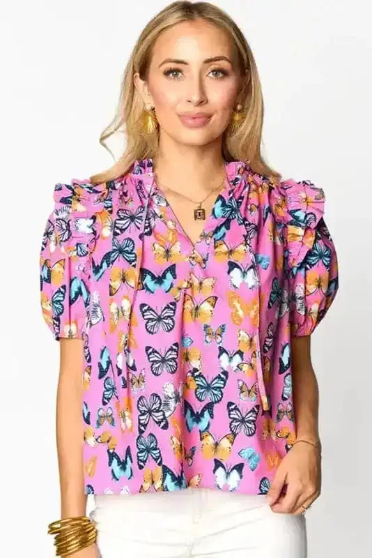Floral Blouses Ruffled Sleeve Butterfly Blouse