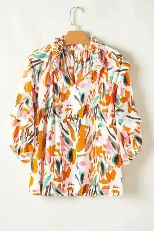 Vivid orange Abstract Frilled V-Neck 3/4 Sleeve Blouse Women UK styled as a bold feminine spring outfit — Fashionfitz