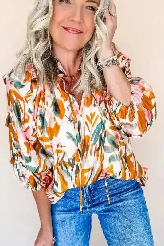 Side view of Abstract Frilled Blouse showing three-quarter sleeve length and shirred bodice — Fashionfitz