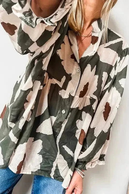 Floral Blouses White printed / S / 100%Polyester Floral Luck Puff Sleeve Blouse