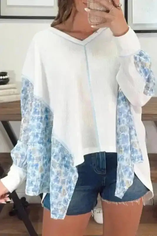 Floral Blouses White / S / 75%Polyester+25%Cotton Abstract Floral Batwing Blouse