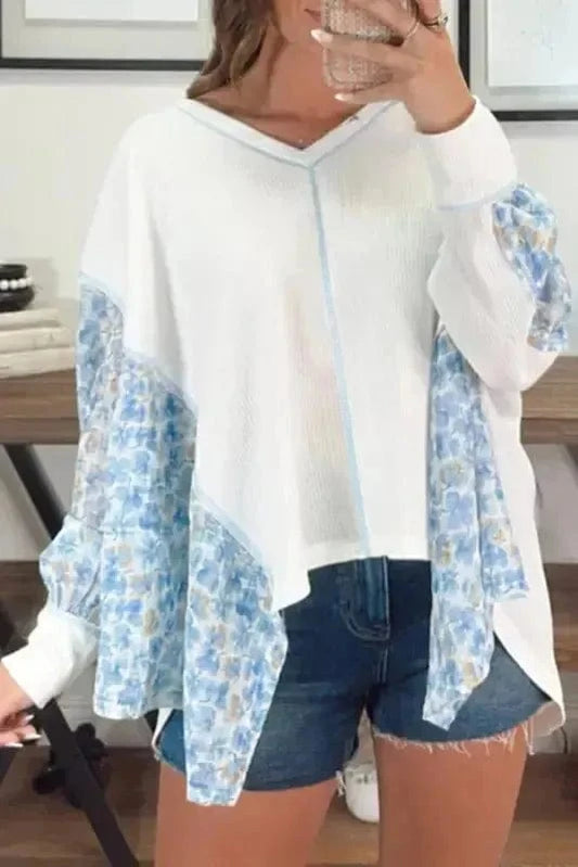 Floral Blouses White / S / 75%Polyester+25%Cotton Abstract Floral Batwing Blouse