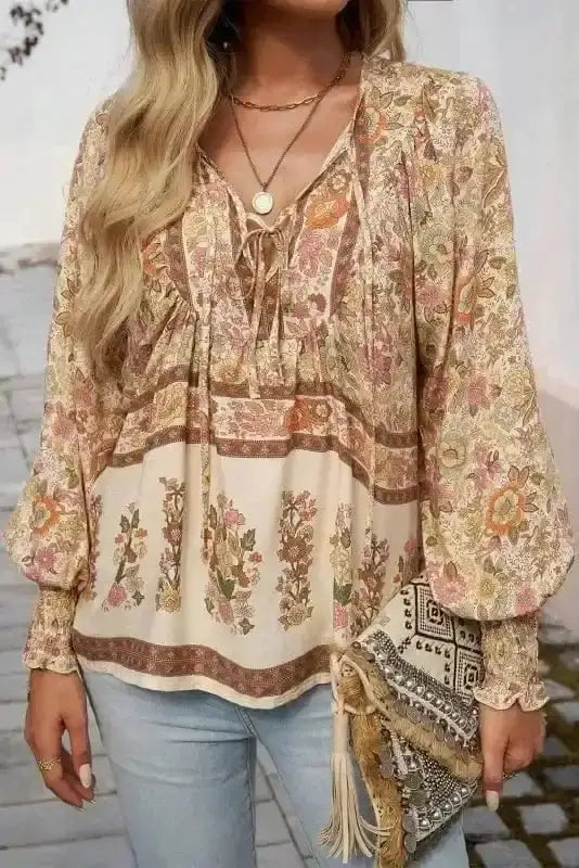 Floral Tie Neck Lightweight Blouse Women UK in yellow floral — front view showing vibrant floral print and tie neck design — Fashionfitz